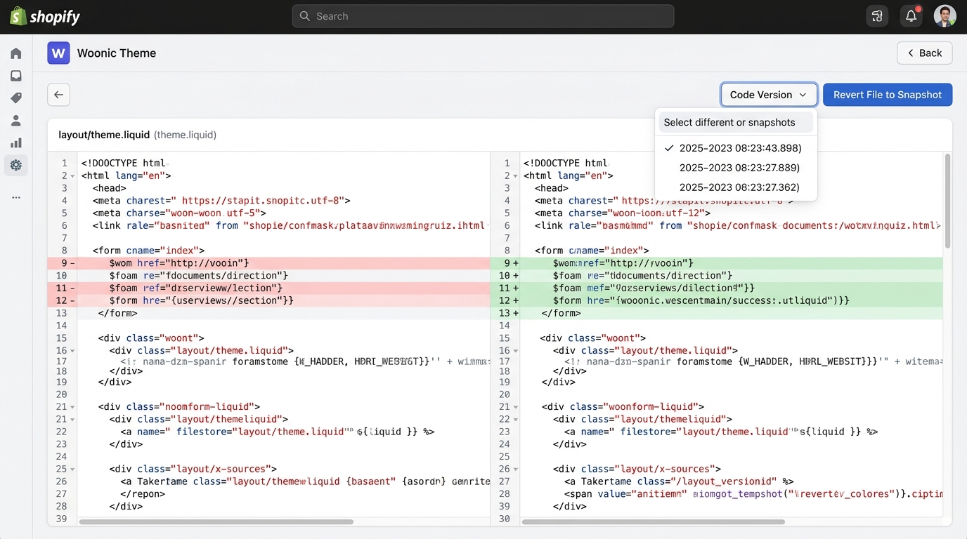 Woonic Theme Code Diffing Side-by-Side Comparison