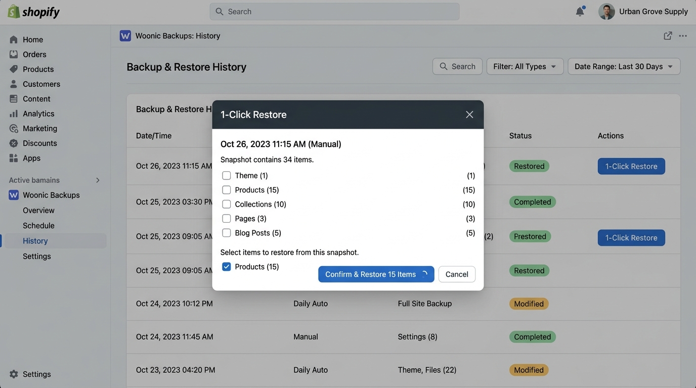 Woonic 1-Click Granular Restore Interface in Shopify Admin